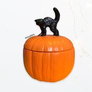 Vintage 90s Black Cat on Pumpkin Trinket Mini Jewelry Box Home Decor